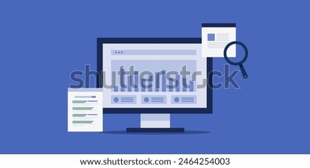 SEO analytics software, SEO tool, Data analytics report of website SEO and traffic, SEO report with chart and graph - vector illustration with icons