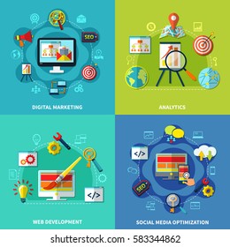 Seo analytics square design concept with digital web marketing social media icons round compositions vector illustration