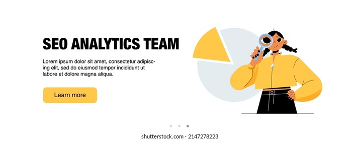 SEO Analytics Team Banner. Service für Schlagwortforschung, Analyse des digitalen Datenverkehrs, Marketingstrategie. Vektorplakat der Suchmaschinenoptimierung Agentur mit flacher Darstellung von Frau und Diagramm