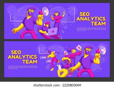 Seo-Analytics-Team-Cartoon-Banner mit zeitgenössischen Zeichen mit Laptop, Lautsprecher, Tablet und Glas bieten Suchmaschinen-Optimierungskampagne für soziale Medien, Cartoon-lineare Vektorvorlagen