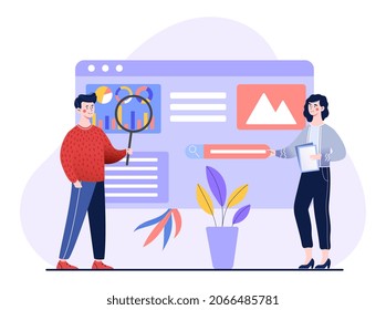 SEO analytics team. Employees evaluate effectiveness of website. Ranging pages. Experts look at article, check technical parameters of text and keywords, content. Cartoon flat vector illustration