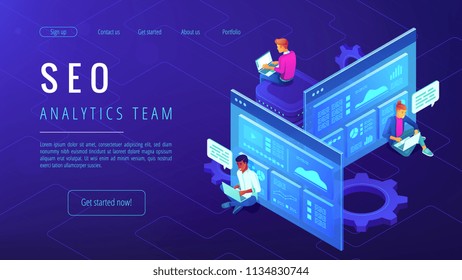 SEO analytics team landing page. IT specialists with laptops working around analytic web pages with charts. Search engine optimization analysis concept on ultraviolet background Vector 3d illustration