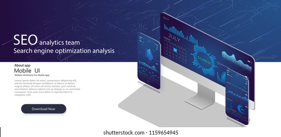 SEO analytics team landing page. Analytic web pages with charts.Search engine optimization analysis concept on ultraviolet background Vector 3d illustration