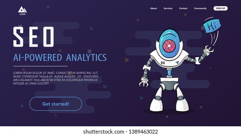 SEO analytics team landing page. IT specialists with laptops working around analytic web pages with charts. Search engine optimization analysis concept on ultraviolet background Vector 3d illustration