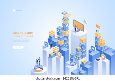 SEO analytics team landing page. Search engine optimization analysis concept. Vector isometric illustration