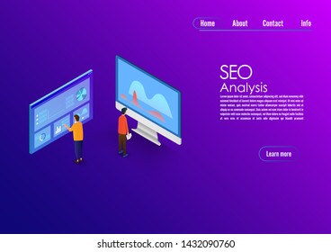 SEO analytics team landing page. IT specialists with computer working around analytic web pages with charts. Search engine optimization analysis concept. Vector 3d illustration