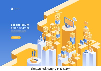 SEO analytics team landing page. Search engine optimization analysis concept. Vector isometric illustration
