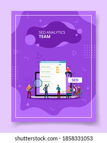 seo analytics team people standing sitting on laptop for template of banners, flyer, books cover, magazines with liquid shape style