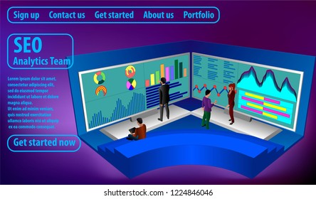 SEO analytics team. IT professionals working near screens with diagrams. Concept analysis of search engine optimization on a uv background. Vector 3d illustration.