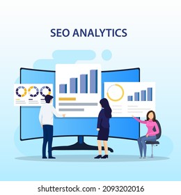 SEO Analytics Team, Search engine ranking, Seo success, Seo optimization, illustration with icons and character. Flat vector template style Suitable for Web Landing Pages.