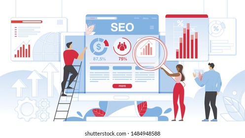 Seo Analytics Team It Specialists with Magnifier Glass and Tablet Working Around Analytic Web Pages with Charts. Search Engine Optimization Analysis Smart Technologies Cartoon Flat Vector Illustration