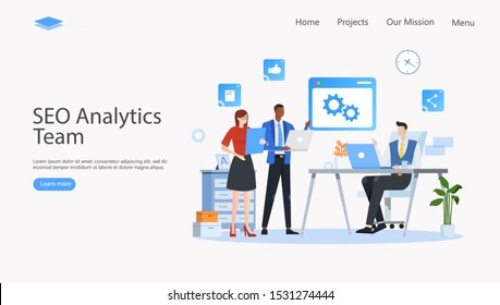 Concepto de Ilustración Vector de Equipo de Análisis de SEO , Apto para página de inicio web, ui, aplicación móvil, diseño editorial, volante, banner y otras ocasiones relacionadas