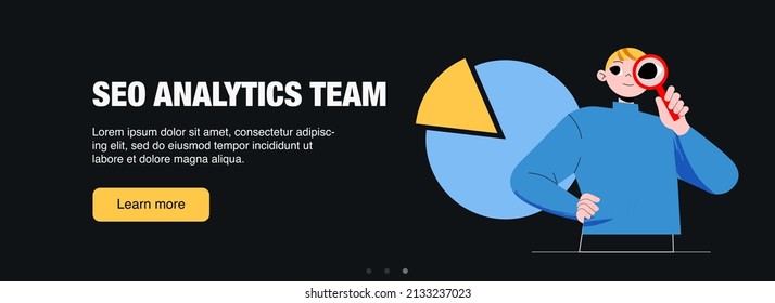 SEO Analytics Team Web Banner, Business Concept, Optimization Technology For Internet Marketing And Digital Content. Businessman With Magnifying Glass And Pie Chart, Line Art Flat Vector Illustration