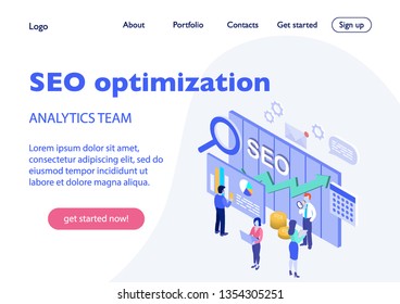 Seo analytics team for website and mobile website. Landing page template. Modern flat design isometric concept. Easy to edit and customize. Vector illustration