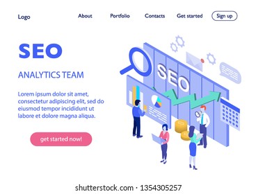 Seo analytics team for website and mobile website. Landing page template. Modern flat design isometric concept. Easy to edit and customize. Vector illustration