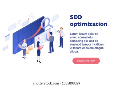 Equipo de análisis de Seo para sitio web y sitio web móvil. Plantilla de página de destino. Diseño plano moderno concepto isométrico. Fácil de editar y personalizar. Ilustración del vector