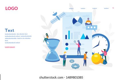 SEO analytics team for website and mobile website. People team work together on SEO optimization. Vector illustration for web banner, infographics, mobile website. Landing page template. 