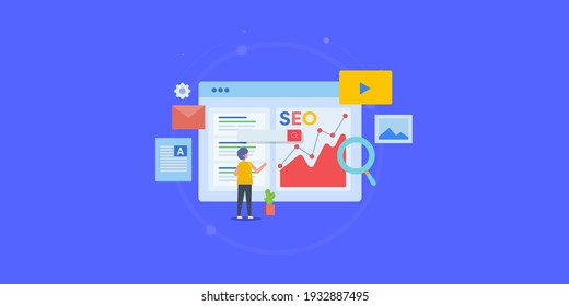 SEO analytics tool, website analysis, traffic monitoring, website performance - conceptual vector banner illustration with icons