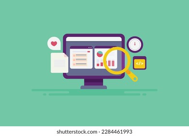 SEO analytics tools, SEO marketing tool for backlink check, keyword research and Website traffic monitoring - vector illustration with icon