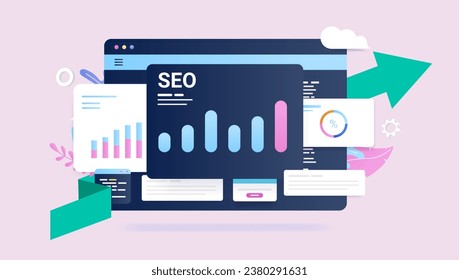 Análisis SEO - Ventana de navegador web con gráficos de optimización de motores de búsqueda, gráficos y diagramas que muestran crecimiento y resultados positivos. Ilustración de vector de diseño plano semi