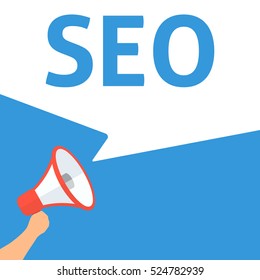 SEO Announcement. Hand Holding Megaphone With Speech Bubble. Flat Illustration