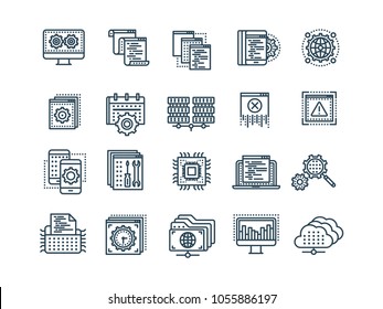 Seo and app development. Search engine optimization. Internet, e-commerce.Thin line black web icon set. Outline icons collection. Vector illustration.