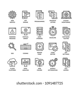 Seo and app development. Search engine optimization. Internet, e-commerce.Thin line black web icon set. Outline icons collection. Vector illustration.