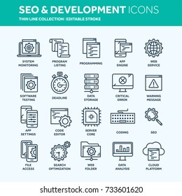 Seo And App Development. Search Engine Optimization. Internet, E-commerce.Thin Line Web Icon Set. Outline Icons Collection. Vector Illustration.