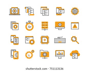 Seo and app development. Search engine optimization. Internet, e-commerce.Thin line blue web icon set. Outline icons collection. Vector illustration.