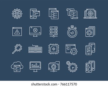 Seo and app development. Search engine optimization. Internet, e-commerce.Thin line blue web icon set. Outline icons collection. Vector illustration.
