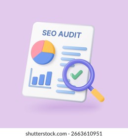 SEO audit concept with 3D pie chart, bar graph, magnifying glass, and checklist on a white isolated background for digital marketing and website optimization vector illustration