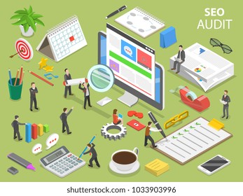 Seo audit flat isometric vector concept. People surrounded by the corresponding attributes are auditing the web site on the computer monitor.