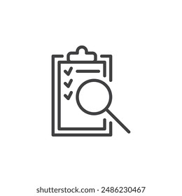 Icono de línea de auditoría SEO. signo de estilo lineal para concepto móvil y Diseño web. Portapapeles con una lista de comprobación y un icono de Vector de contorno de lupa. Símbolo, ilustración del logotipo. Vector gráfico