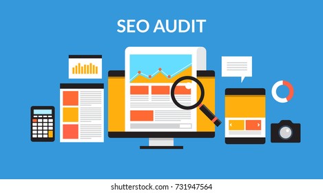 SEO Audit, Marketing  Digital, Business, Analysis Flat Vector Banner With Icons