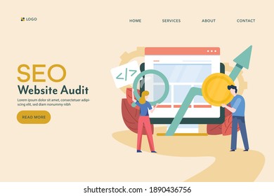 Auditoría de SEO, análisis de búsqueda de sitios web, optimización de sitios web, marketing de SEO - página de inicio de vector conceptual