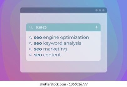 SEO Autocomplete Search Web Suggestions modern vector concept. Website searching bar with Search Engine Optimization Marketing, keyword analysis, and website seo search bar content ranking tips