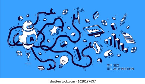 SEO automation isometric banner. Technology for internet marketing and digital business content. Octopus robot with many hands holding office attributes, workflow 3d vector illustration, line art