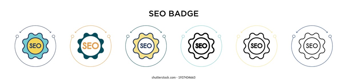 Seo badge icon in filled, thin line, outline and stroke style. Vector illustration of two colored and black seo badge vector icons designs can be used for mobile, ui, web