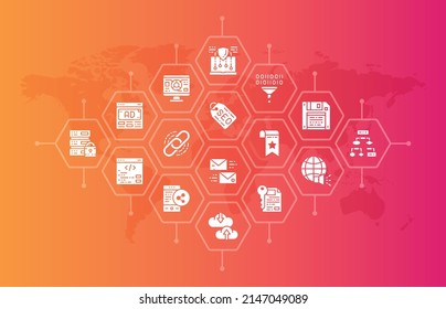 SEO banner. Bookmark, Hosting, Hyperlink, Advertisement, Data Transfer illustration for web page banner or presentation.