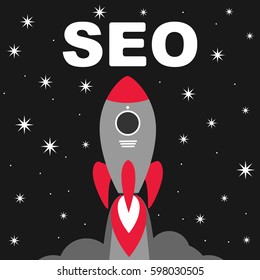 SEO banner concept spaceship rocket.