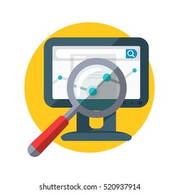 SEO banner. Focused magnifying glass on chart on the monitor display. Data analysis, web construction, mobile applications. Research of information in network. Internet search, e-commerce, vector