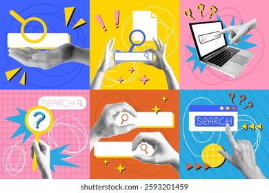 SEO banner. Search bar. Halftone laptop. Business research. Newsprint paper texture. Hands gesture. Web analysis. Online browser. Internet data surveillance. Vector art statistics garish cards set