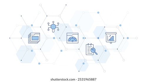 Seo Banner Vector Illustration with Icon Style in Between. Line Duotone icon. Containing website, tabs, seo, presentation, analysis.