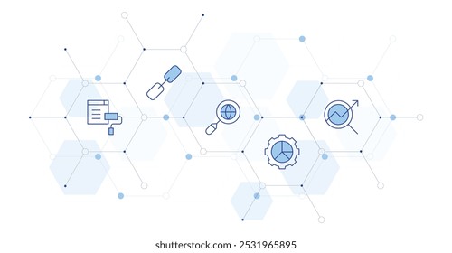 Seo Banner Vetor Illustration com estilo de ícone entre. ícone Duotônico de Linha. Contendo tema, seo, link, internet, análise.