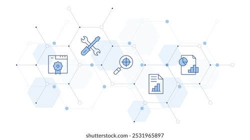 Seo Banner Vector Illustration with Icon Style in Between. Line Duotone icon. Containing target, technical support, validation, analytics.