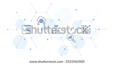 Seo Banner Vector Illustration with Icon Style in Between. Line Duotone icon. Containing seo, ranking, ranking factor, cloud, data analytics.