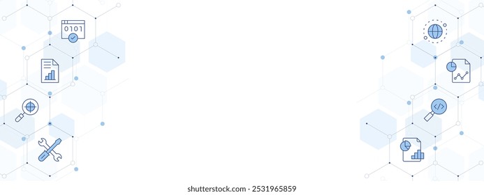 Ilustração do vetor da faixa Seo com estilo de ícone de dois lados. ícone Duotônico de Linha. Contendo destino, suporte técnico, relatório, localização, lupa, lógica analítica, criptografia.