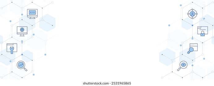 Seo Banner Vector Illustration with Two-sided Icon Style. Line Duotone icon. Containing search, target, optimization, monitor, maintenance, insight, browser, programming.