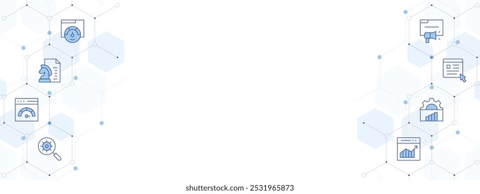 Ilustración vectorial de Anuncio Seo con estilo de icono de dos lados. Icono de línea Duotone. Conteniendo estrategia de contenido, tráfico de Web, gráfico, internet, navegador, lupa.