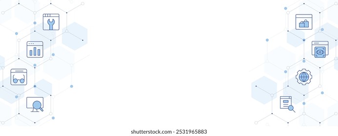 Ilustração do vetor da faixa Seo com estilo de ícone de dois lados. ícone Duotônico de Linha. Contendo gráfico de barras, compras on-line, pesquisa, chave inglesa, visualização, mundo, seo, leitura.